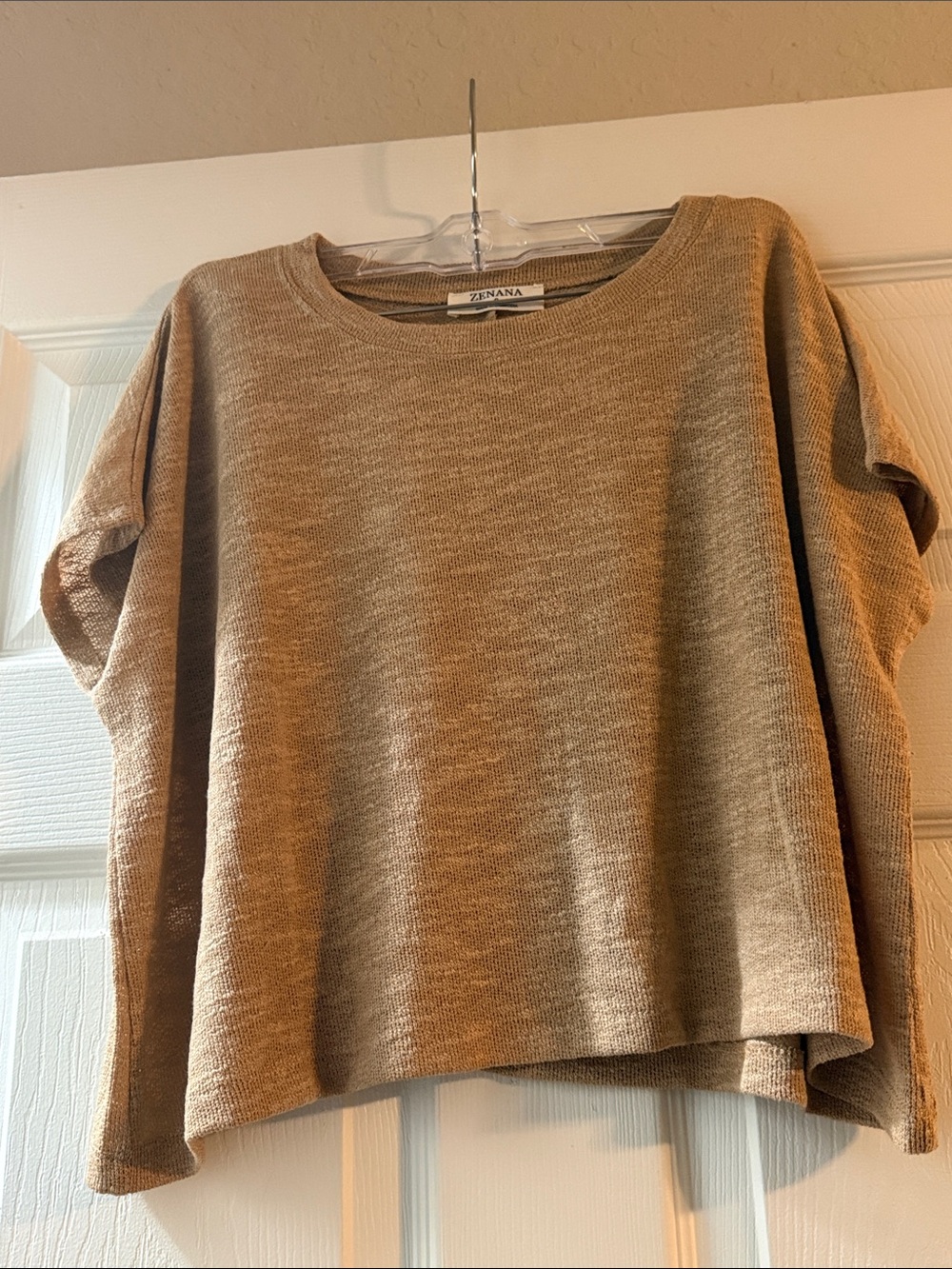 Zenana Outfitters Womenโs Relaxed Knit Top in Tan